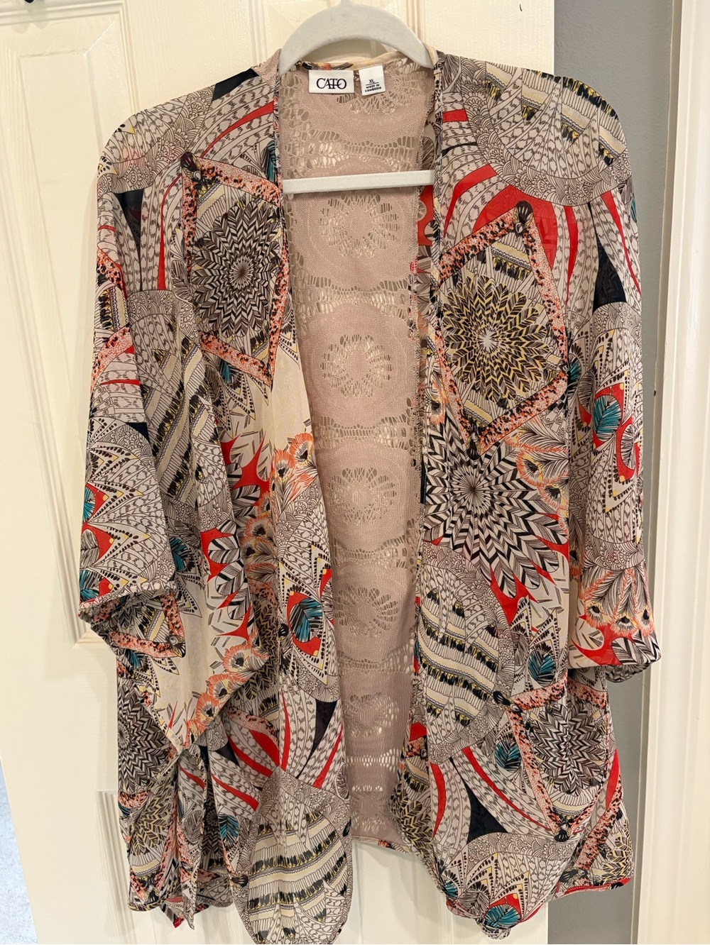 Southwestern Design Cato Open-Front Kimono in Neutral, Coral, Brown, Turquoise - Picture 3 of 7